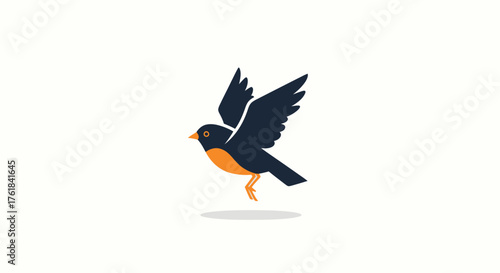 Stylized illustration of a small bird in mid-flight with dark blue wings and orange breast.