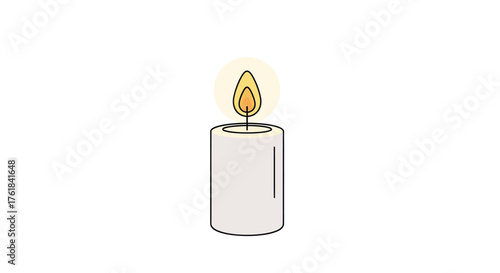 Simple Lit White Pillar Candle with Glowing Yellow Flame.