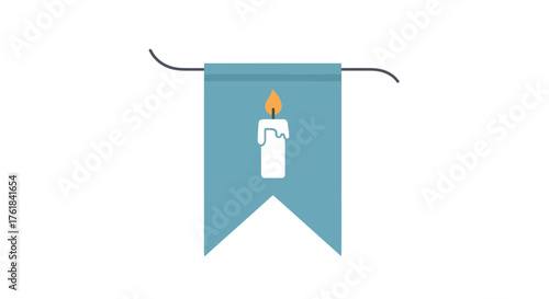 Blue Pennant Banner Featuring a Stylized White Candle with Orange Flame.