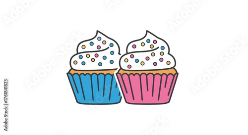 Two Cartoon Cupcakes with White Frosting and Colorful Sprinkles.
