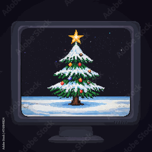 A pixelated Christmas tree with snow and ornaments displayed on a monitor screen.