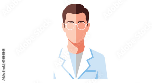 Flat design illustration of a male doctor or scientist in a lab coat and glasses.