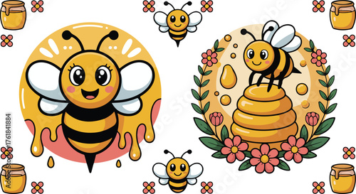 A cute collection of cartoon bee mascots with honey drips, beehives, and flowers.