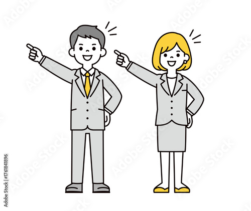 目標に向かってチャレンジする、20代・30代の会社員の男性と女性の全身ベクターイラスト素材