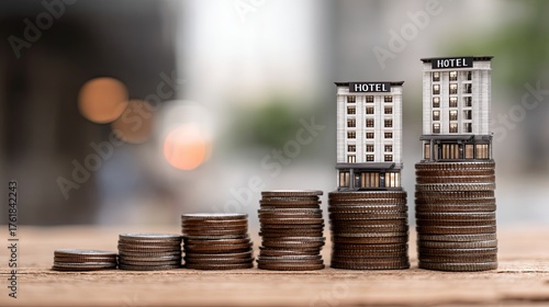 Growing Investment in Hospitality Industry with Hotel Models and Stacked Coins on Wooden Surface
