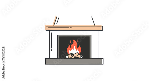Cozy Fireplace with Burning Logs and Wooden Mantel Illustration.