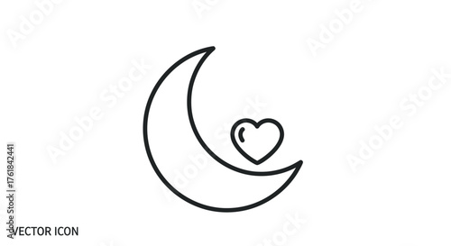 Simple Black Outline Crescent Moon with Heart Icon.