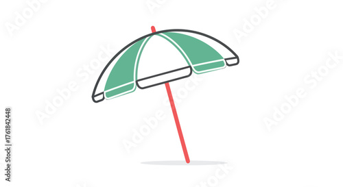A simple stylized beach umbrella with a red pole and green and white canopy.