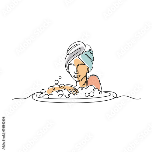 Woman enjoying a bubble bath with peaceful expression in simple style  