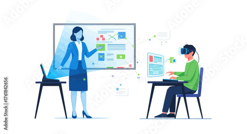 Teacher presenting to student in virtual reality classroom.