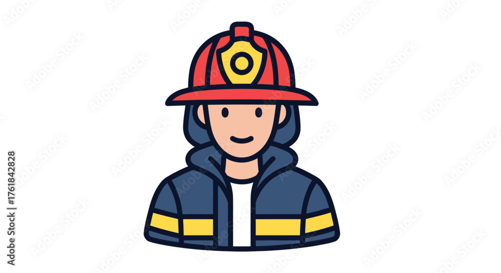 Fototapeta premium Cartoon Firefighter Icon with Red Helmet and Blue Jacket.