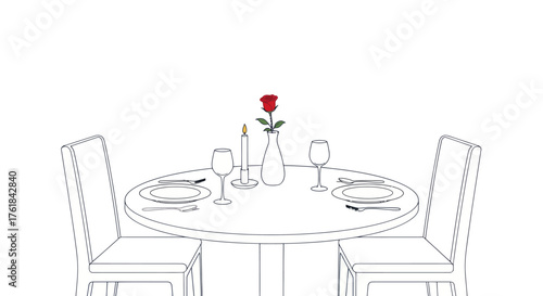 Minimalist line drawing of a romantic dinner table for two with a single red rose.