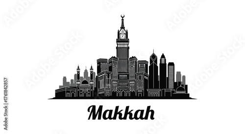 Black and white silhouette of the Makkah city skyline featuring the iconic Abraj Al-Bait clock tower, with 'Makkah' text below.