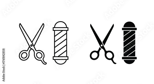 Two sets of barber shop icons, each featuring scissors and a barber pole, in contrasting styles.