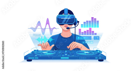 Person wearing VR headset operating DJ equipment with digital sound waves.