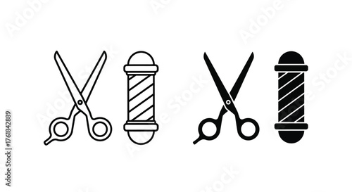 Barber shop icons: scissors and barber pole in black and white.