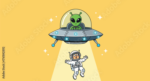 Cute Alien Abducting Astronaut Cartoon Illustration