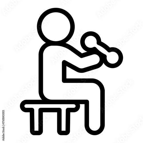 Man with small dumbbell and chair line icon, body building concept. Vector graphics. Athlete man on bench, training sign on white background, style icon mobile or web design.