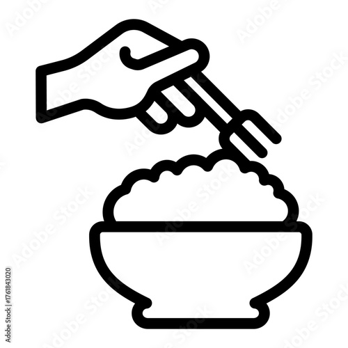 Plate of porridge and hand with fork line icon, athlete diet food concept. Vector graphics. Porridge dish for body mass sign on white background, style icon mobile or web design.