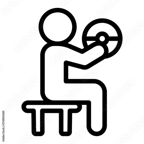 Man with barbell on chair line icon, body building concept. Vector graphics. Athlete man with heavy bar, sport training sign on white background, style icon mobile or web design.