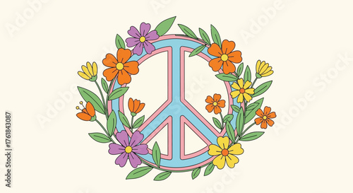 Colorful Peace Symbol with Floral Decoration Illustration