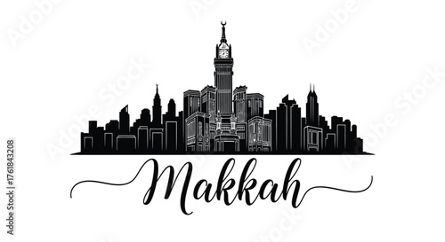 Black and white skyline silhouette of Makkah with the name Makkah written below.