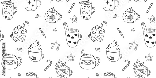 Cute marshmallow cup seamless pattern. Hot chocolate with whipped cream vector. Warm cozy drink outline background. Winter beverage repeat print for package, textile, menu design
