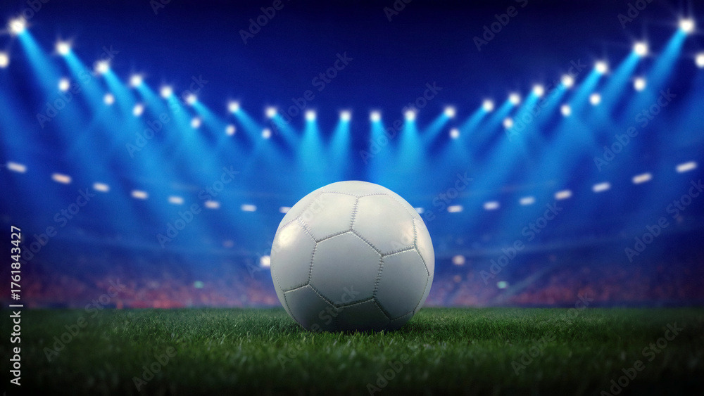 Fototapeta premium Experience the passion of a soccer game with this ball sitting on the vibrant green grass under stadium lights