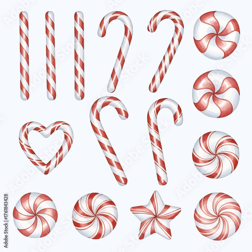 Watercolor Christmas Candy Cane and Peppermint Sweets Illustration Set