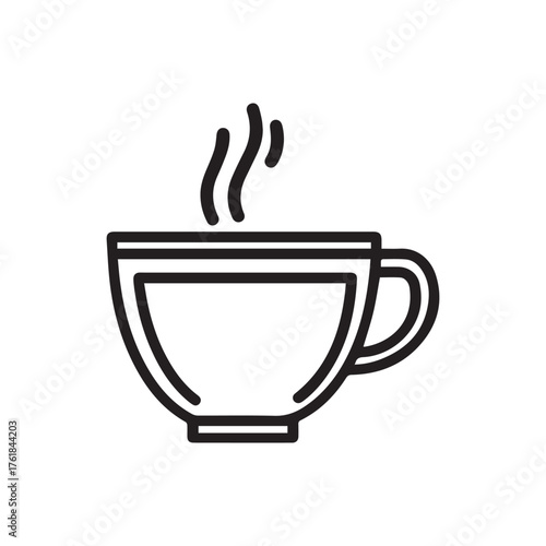 Black outline depicts a steamy coffee mug symbol against a white background