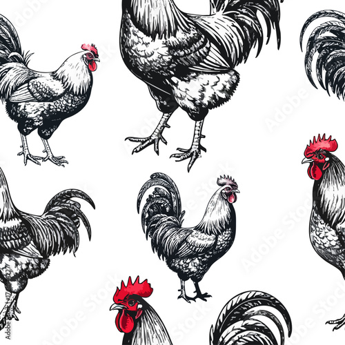 Seamless pattern of hand-drawn roosters in vintage style with bold red accents. Detailed feathers and dynamic poses make it ideal for farm, rustic, or animal-themed decorative designs.