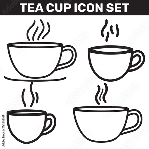 Outlined tea cups with steam rising show a set of different minimalist shapes against white