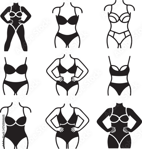 A collection of icons showing female figures on mannequins wearing different styles of lingerie, bikinis, and one-piece swimsuits