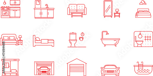 home interior icon set with clean red outlines representing modern real estate or architecture design concepts