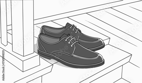 "Black leather shoes placed neatly on a wooden surface against a white background, smooth polished texture highlighted by soft studio light, clean minimalist fashion product photo."