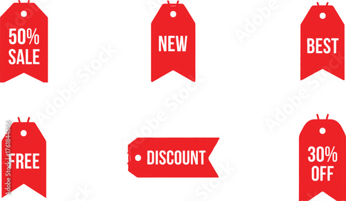 red discount tag set drawing attention to sales free items and seasonal deals in shop marketing and web banners