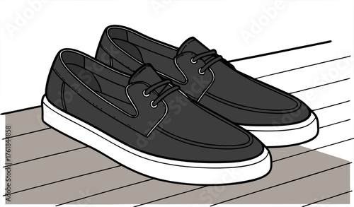 "Black leather shoes placed neatly on a wooden surface against a white background, smooth polished texture highlighted by soft studio light, clean minimalist fashion product photo."