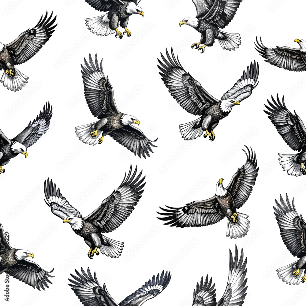 Obraz premium Seamless bald eagle pattern in flight. Hand-drawn in black, white, and yellow tones. Ideal for patriotic, wildlife, nature, freedom, and educational-themed design projects.
