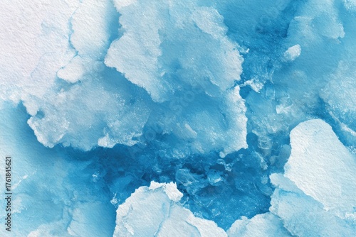 An abstract, watercolor-style depiction of ice floes in shades of blue, reminiscent of arctic scenery
