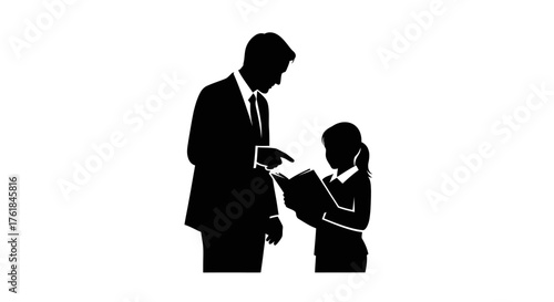 A black silhouette of a man in a suit pointing and teaching a young girl holding a book.