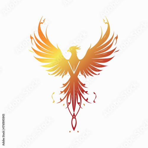 Abstract gradient phoenix logo with fiery wings symbolizing rebirth, power, and freedom on a white background.