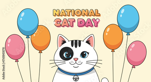 Cute cartoon cat celebrating national cat day with balloons