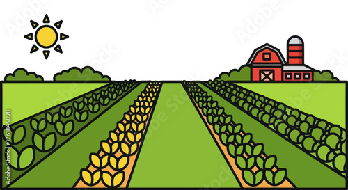 Cartoon Illustration of a Farm Field with Barn and Sun.