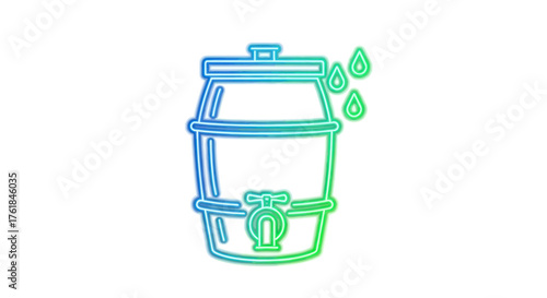 Gradient line art icon of a wooden barrel with a spigot and liquid drops.