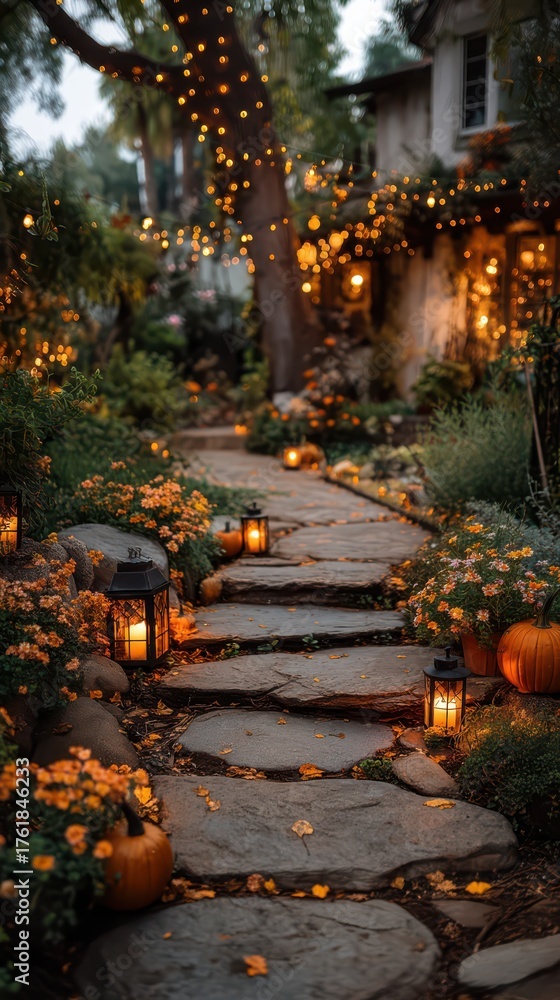 Fototapeta premium Charming Stone Pathway Decorated with Mini Floral Pumpkins