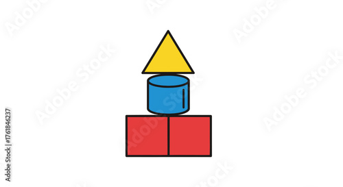 Stacked Geometric Shapes: Red Rectangles Blue Cylinder and Yellow Triangle.