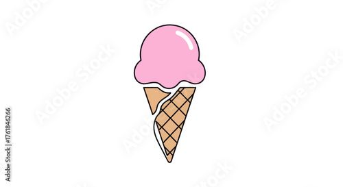 A single scoop of pink ice cream in a waffle cone.