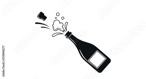 Champagne Bottle Popping with Cork and Bubbles Illustration.