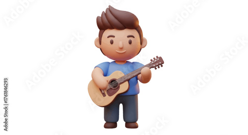 Cartoon boy playing acoustic guitar with a cheerful expression.