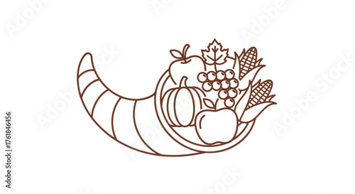 Simple line art illustration of a Thanksgiving cornucopia filled with autumn harvest produce.